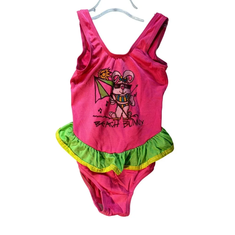 Vintage Y2K‎ Beach Bunny Pink Ruffle One Piece Swimsuit Kids Size Large 6-6X
